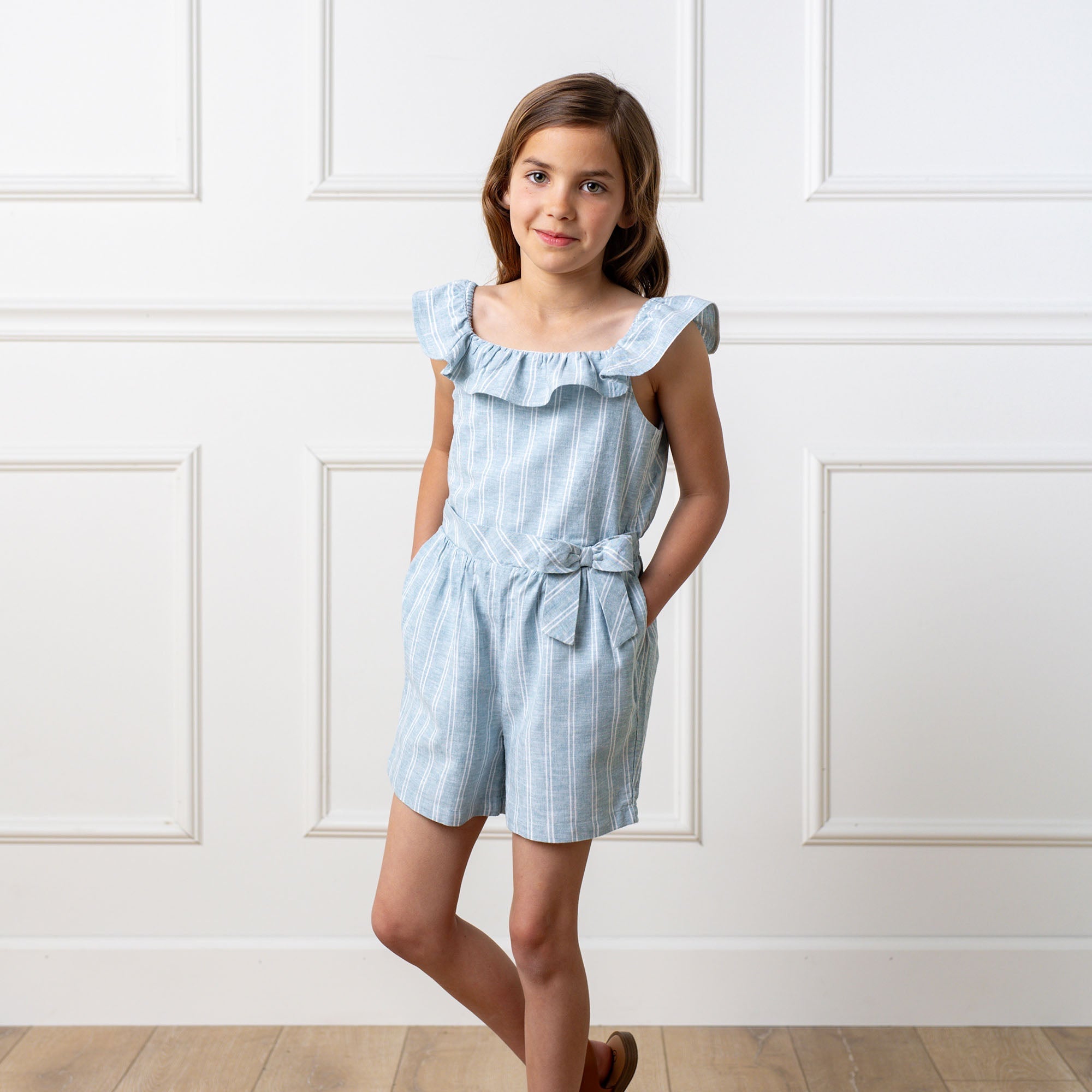 Linen Ruffle Collar Romper – Striped Summer One - Piece for Girls - Triniskies