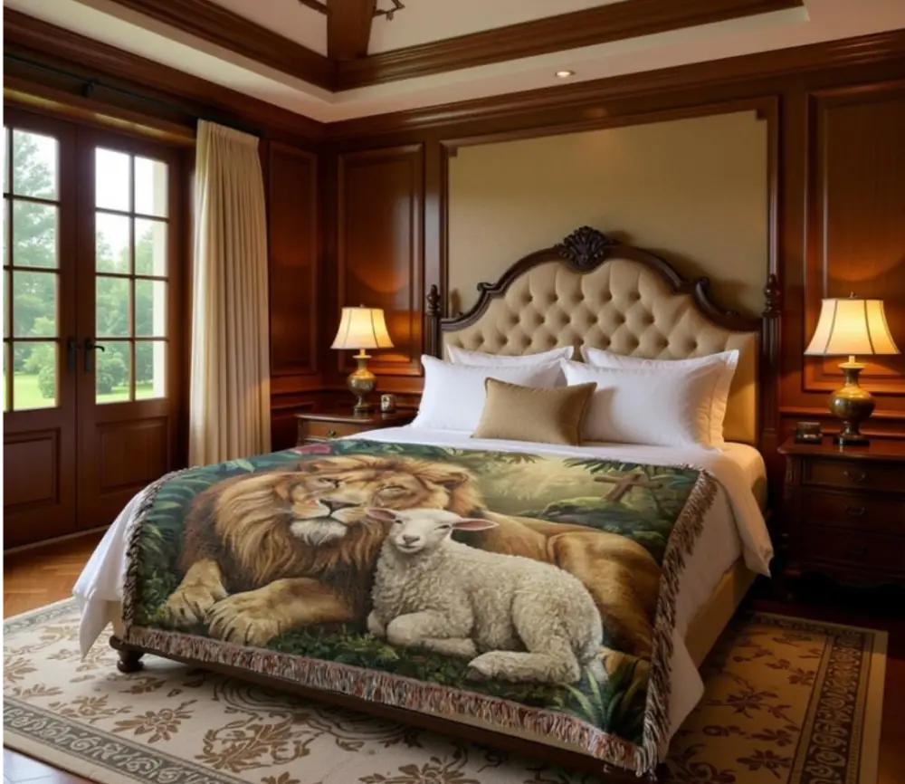 Tufted beige headboard with lamb woven throw and heritage faith tapestry