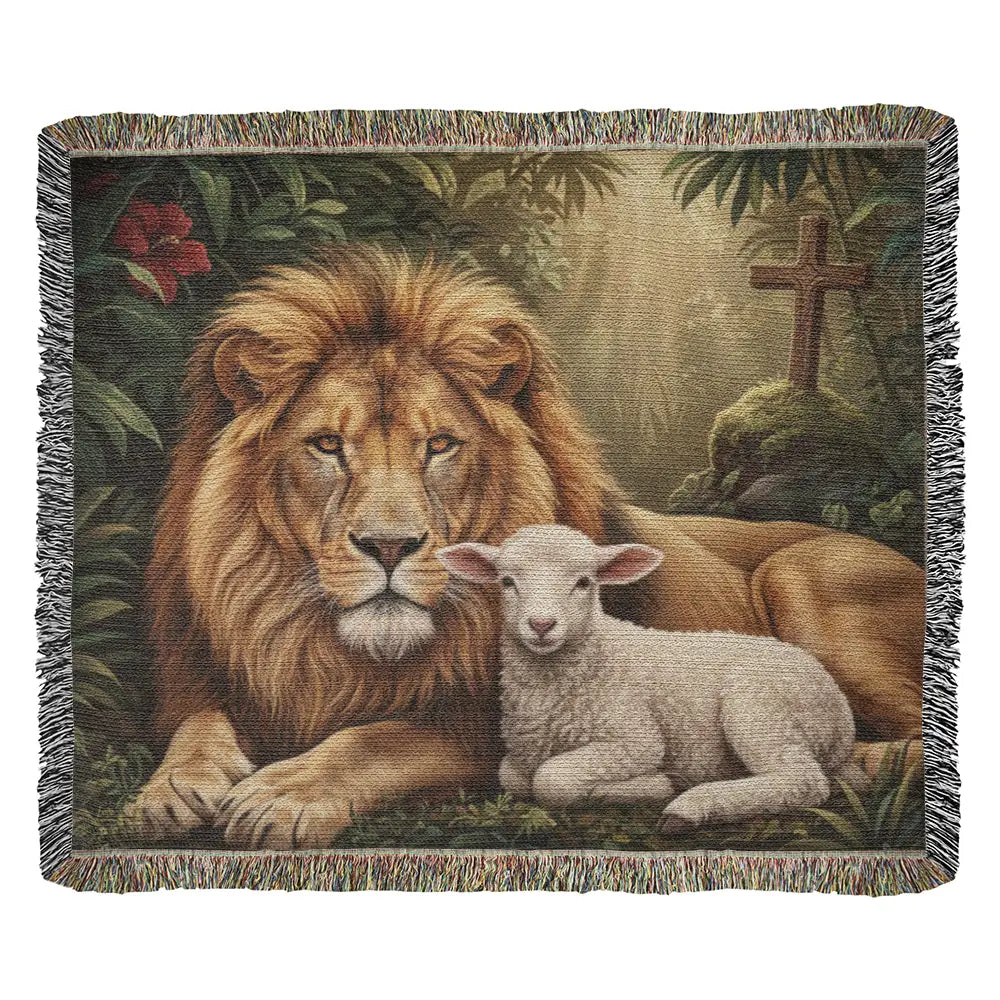 Majestic lion and lamb on heritage faith tapestry woven throw
