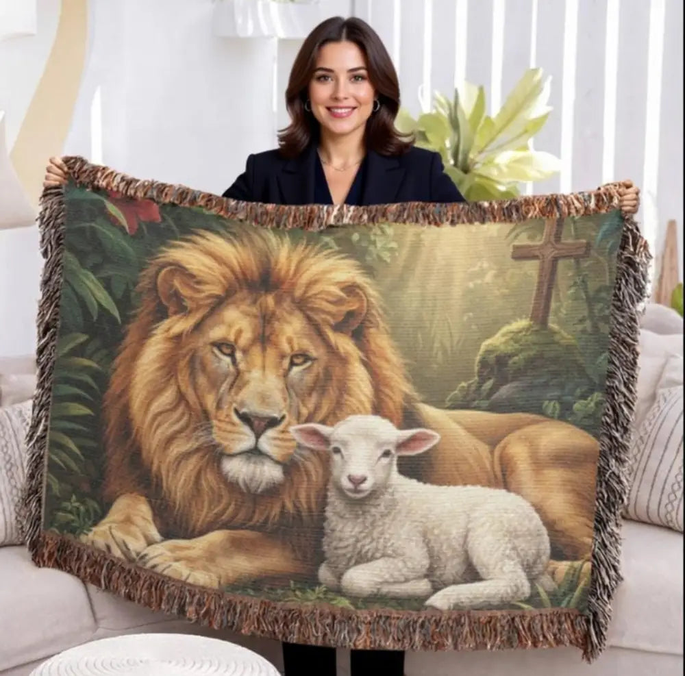 Golden lion and white lamb on heritage faith tapestry woven throw