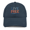 Distressed navy blue Live Free embroidered dad hat by Trini Skies