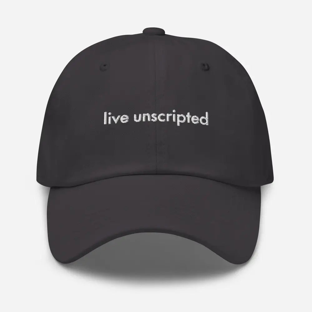 Trini Skies unscripted dad hat black cap with white embroidered text