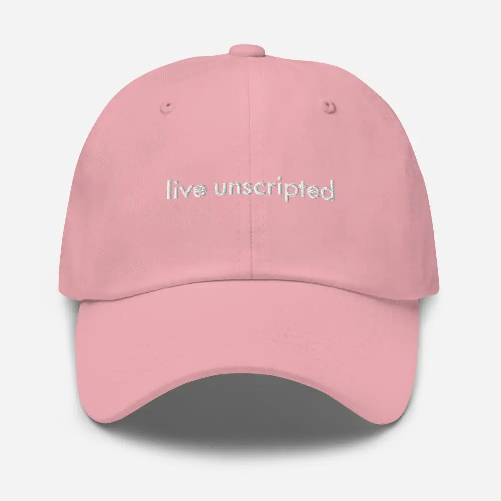 Trini Skies pink unscripted dad hat with live unscripted embroidery