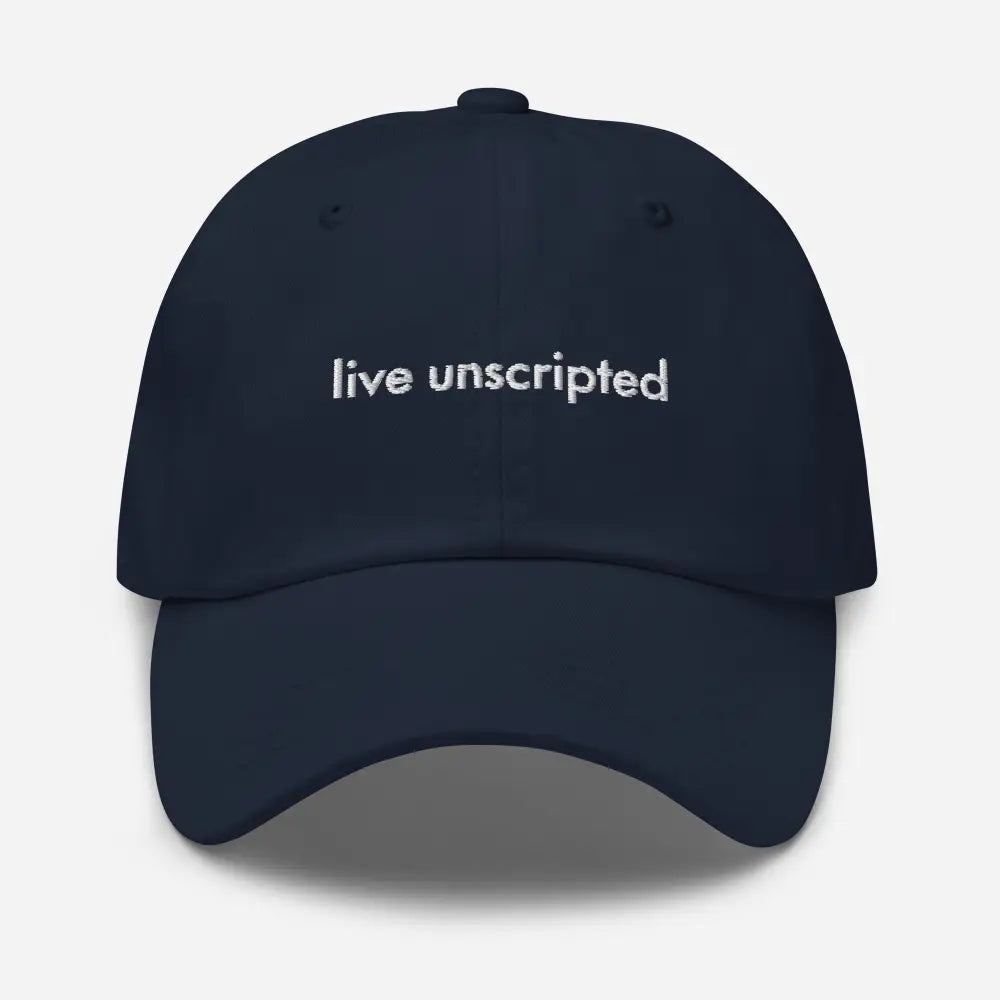 Trini Skies unscripted dad hat: navy blue vintage adjustable cap with white embroidery