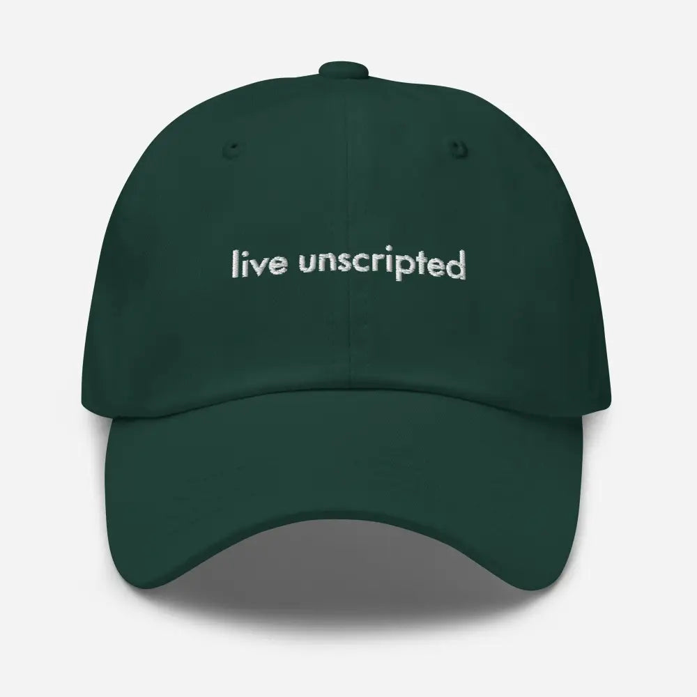 Trini Skies unscripted dad hat: dark green vintage adjustable cap with white embroidered text