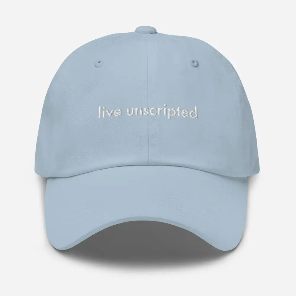 Trini Skies unscripted dad hat in light blue with live unscripted embroidery