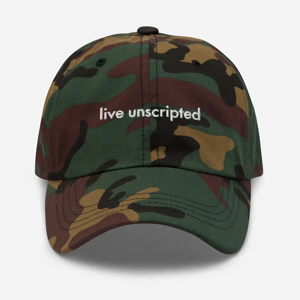 Trini Skies unscripted dad hat in camouflage with live unscripted embroidery