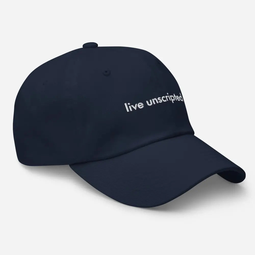 Trini Skies unscripted dad hat: navy blue vintage adjustable cap with white embroidery