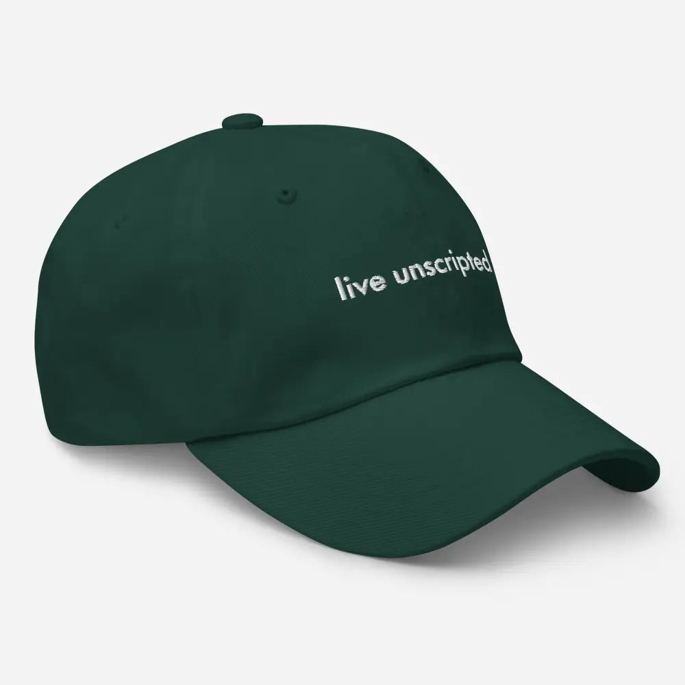 Trini Skies dark green unscripted dad hat with white embroidery