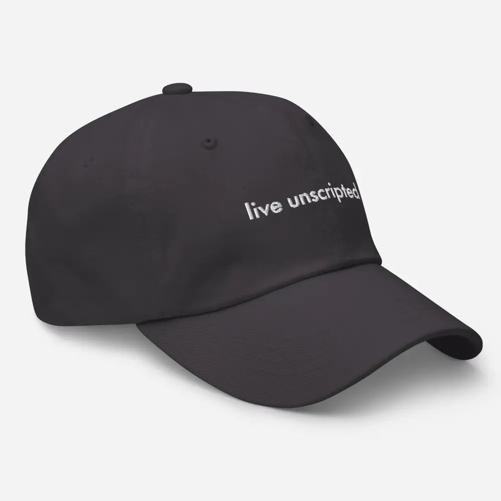 Trini Skies unscripted dad hat: black vintage adjustable cap with white embroidered text