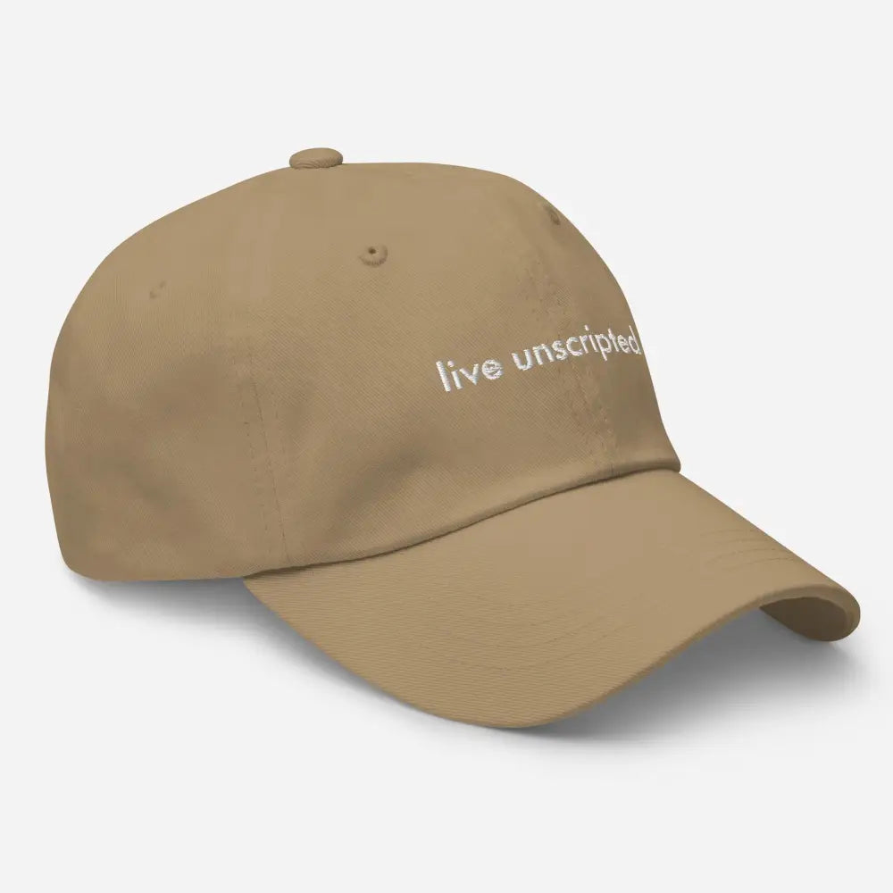 Trini Skies unscripted dad hat in light brown with live unscripted embroidery