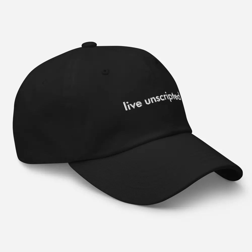 Trini Skies unscripted dad hat: black vintage adjustable cap with white embroidered text
