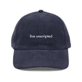 Trini Skies embroidered corduroy cap in navy blue with live unscripted