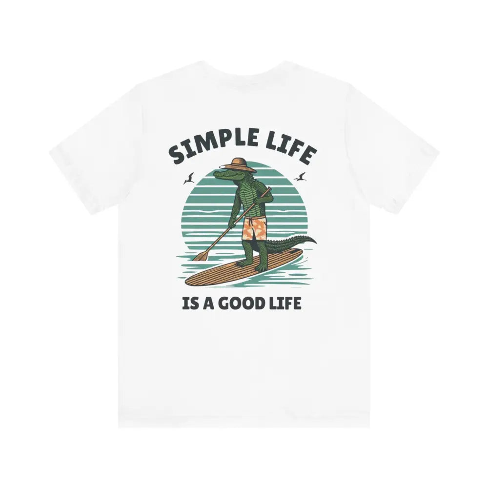 Best Life Alligator Graphic Tee: white short-sleeve alligator paddleboarding