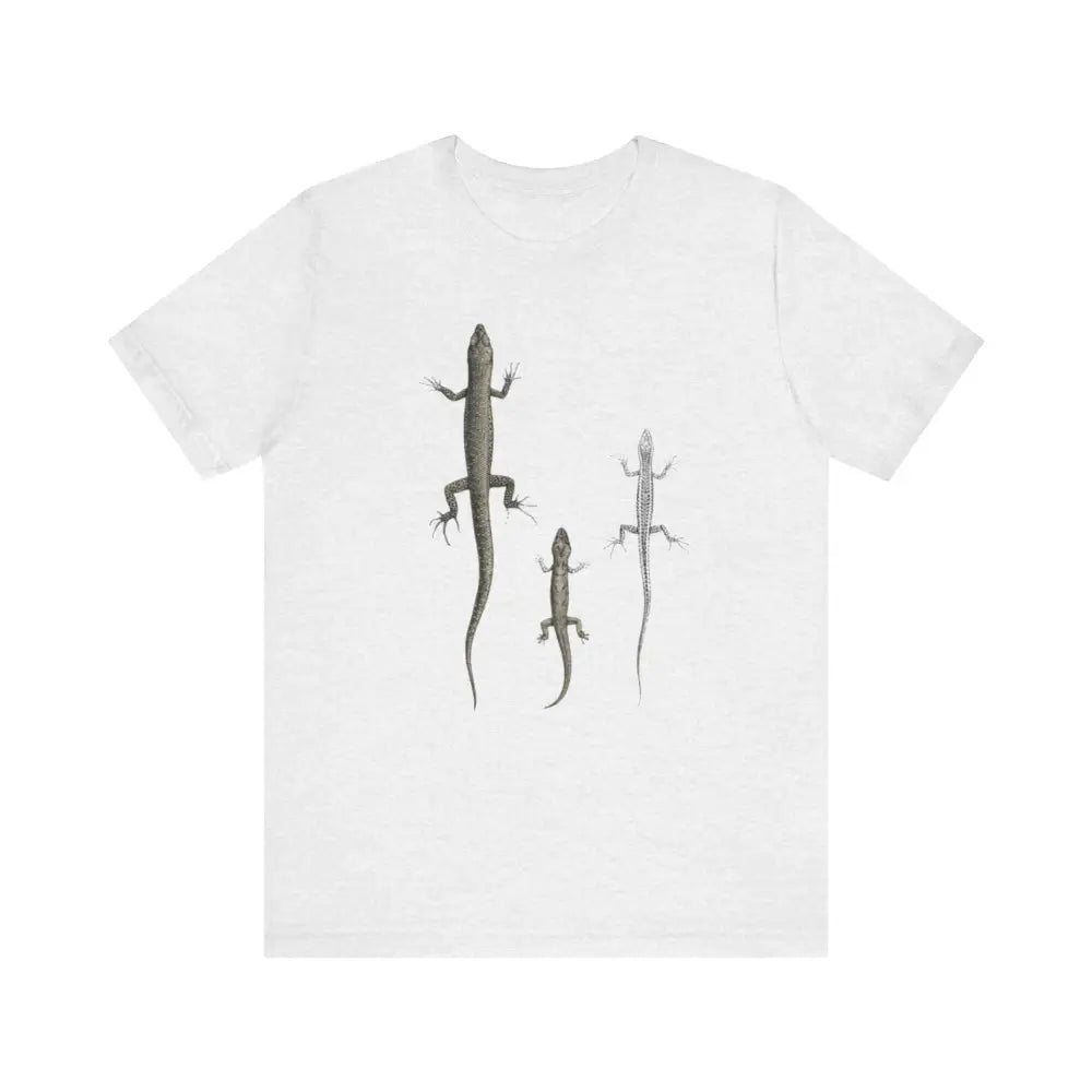 White short-sleeve tee with Christmas Island Forest Skink lizard graphics