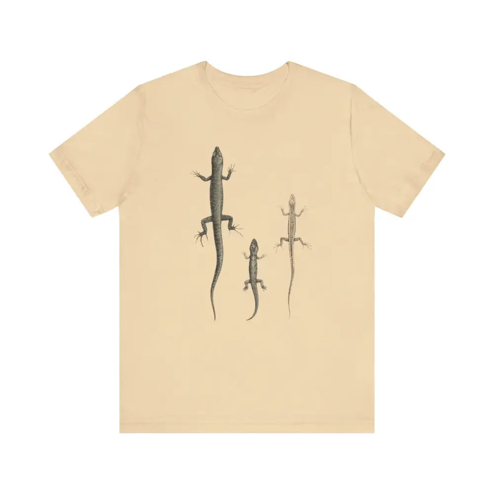 Pale yellow short-sleeve tee with Christmas Island forest skink lizards