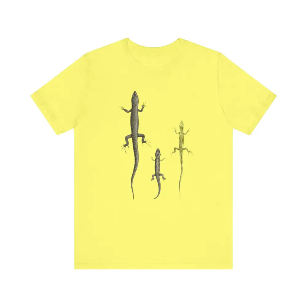 Yellow t-shirt with Christmas Island Forest Skink lizard illustrations
