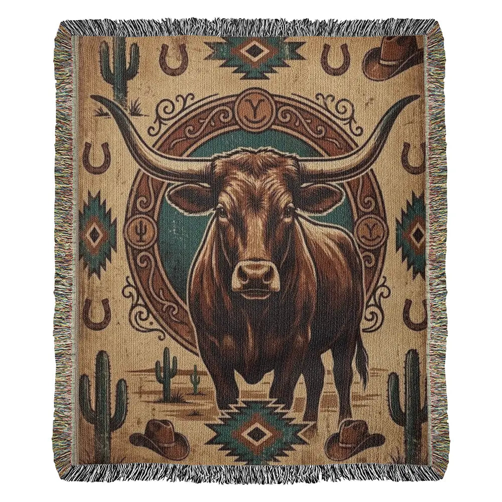 Woven longhorn frontier emblem cotton western heritage blanket with bull and cacti