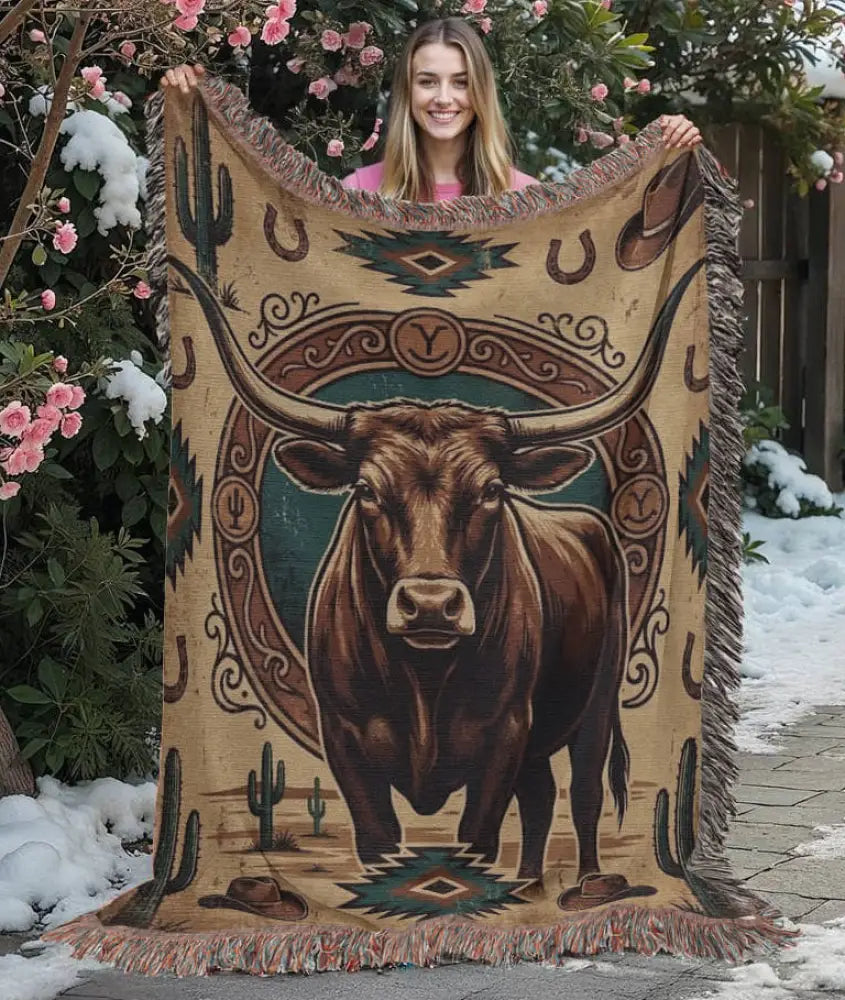 Tan longhorn frontier emblem woven cotton western heritage blanket