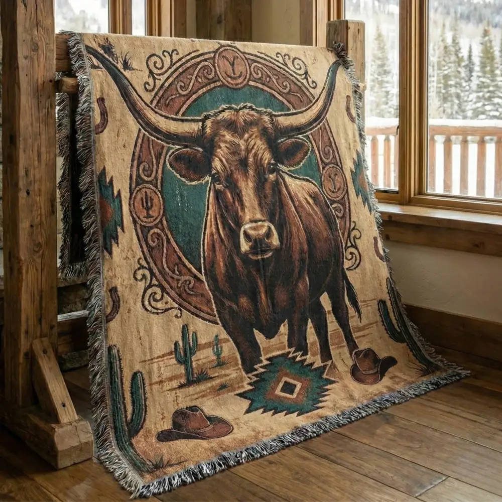 Longhorn frontier emblem woven cotton western heritage blanket