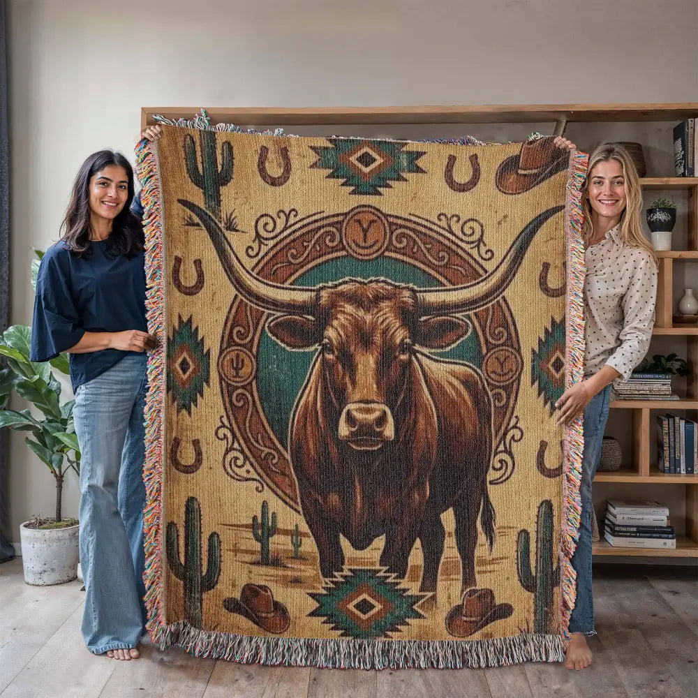 Longhorn frontier emblem woven cotton western heritage blanket with tan bull design