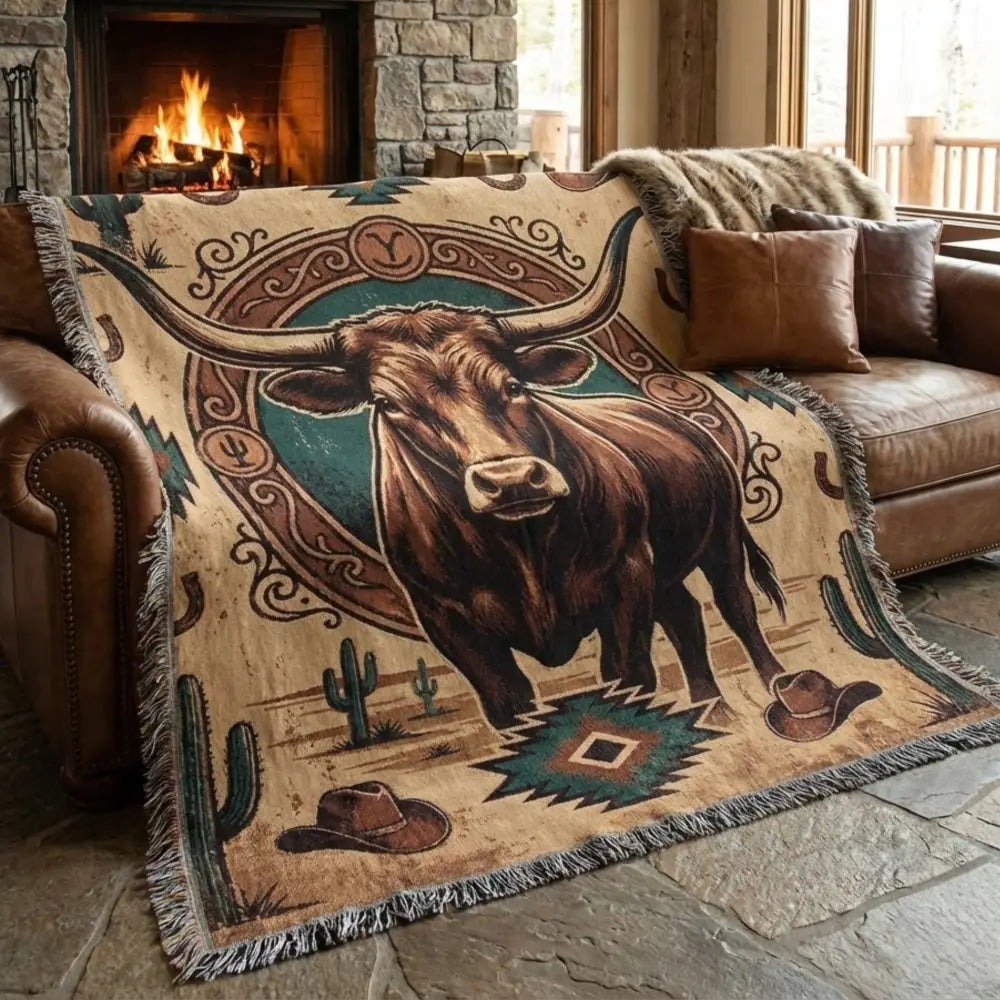 Rustic tan Longhorn Frontier Emblem woven cotton western heritage blanket