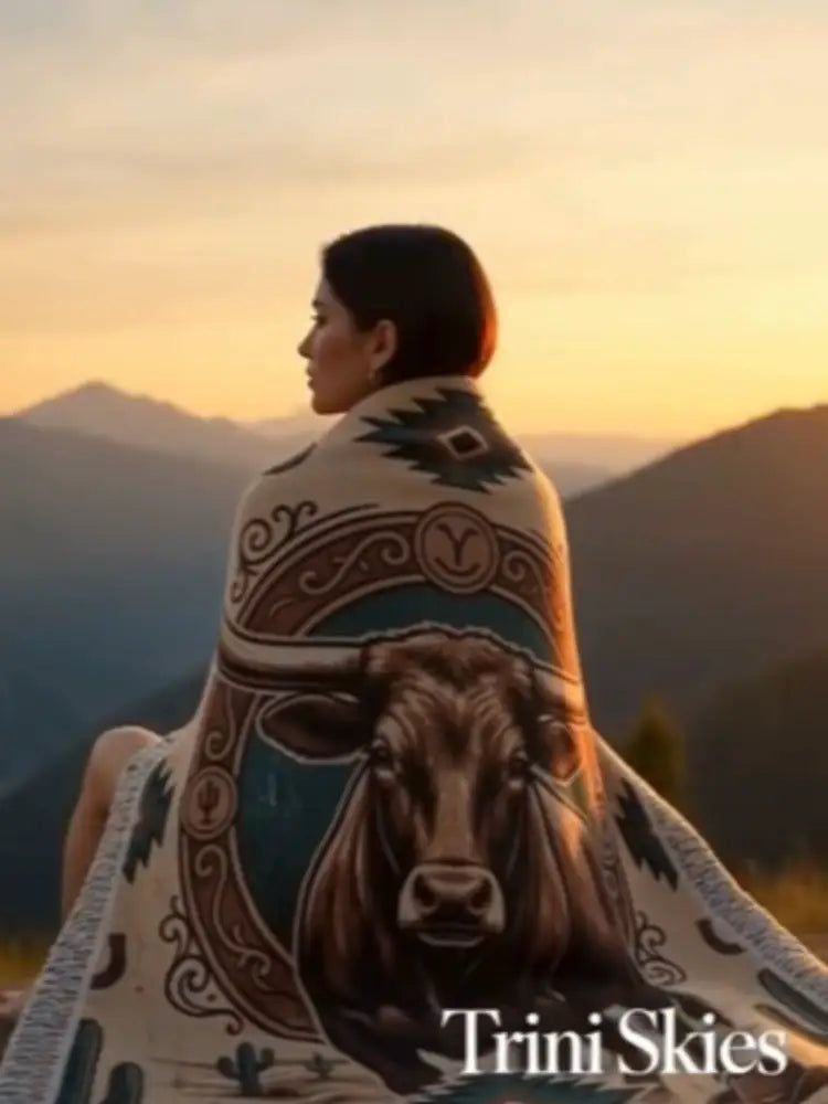 Cream longhorn frontier emblem woven cotton western heritage blanket