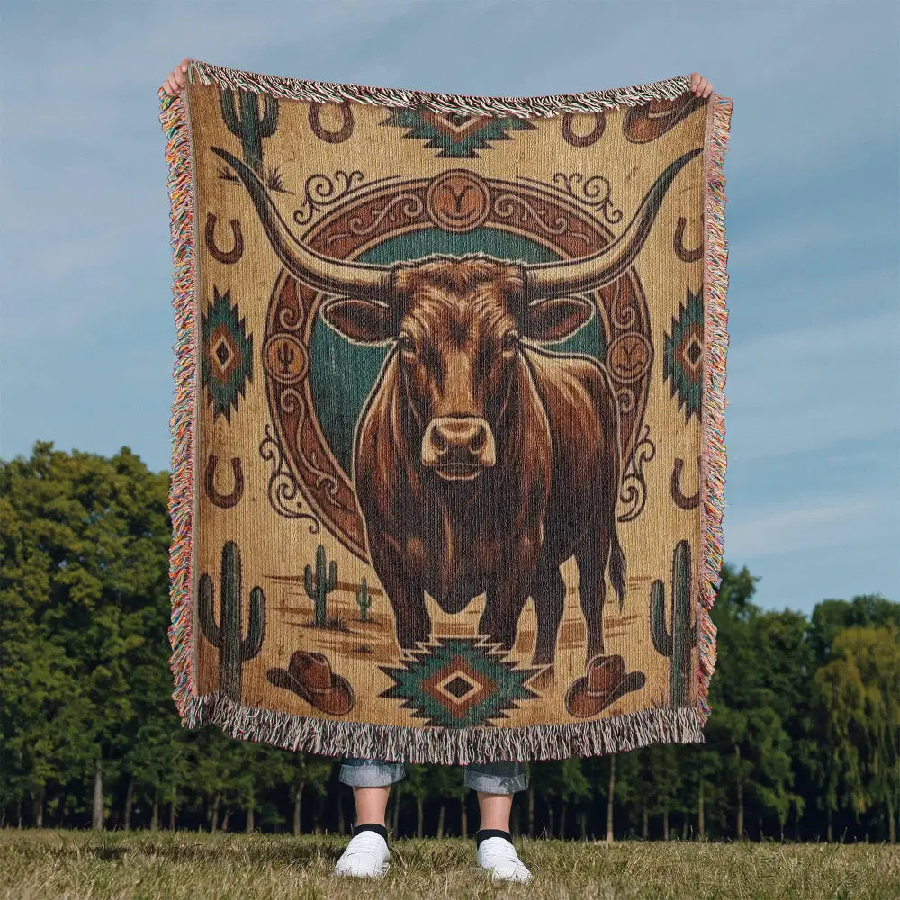 Longhorn frontier emblem woven cotton western heritage blanket with bull design