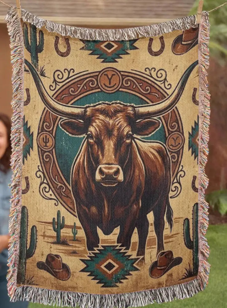 Tan longhorn frontier emblem woven cotton western heritage blanket