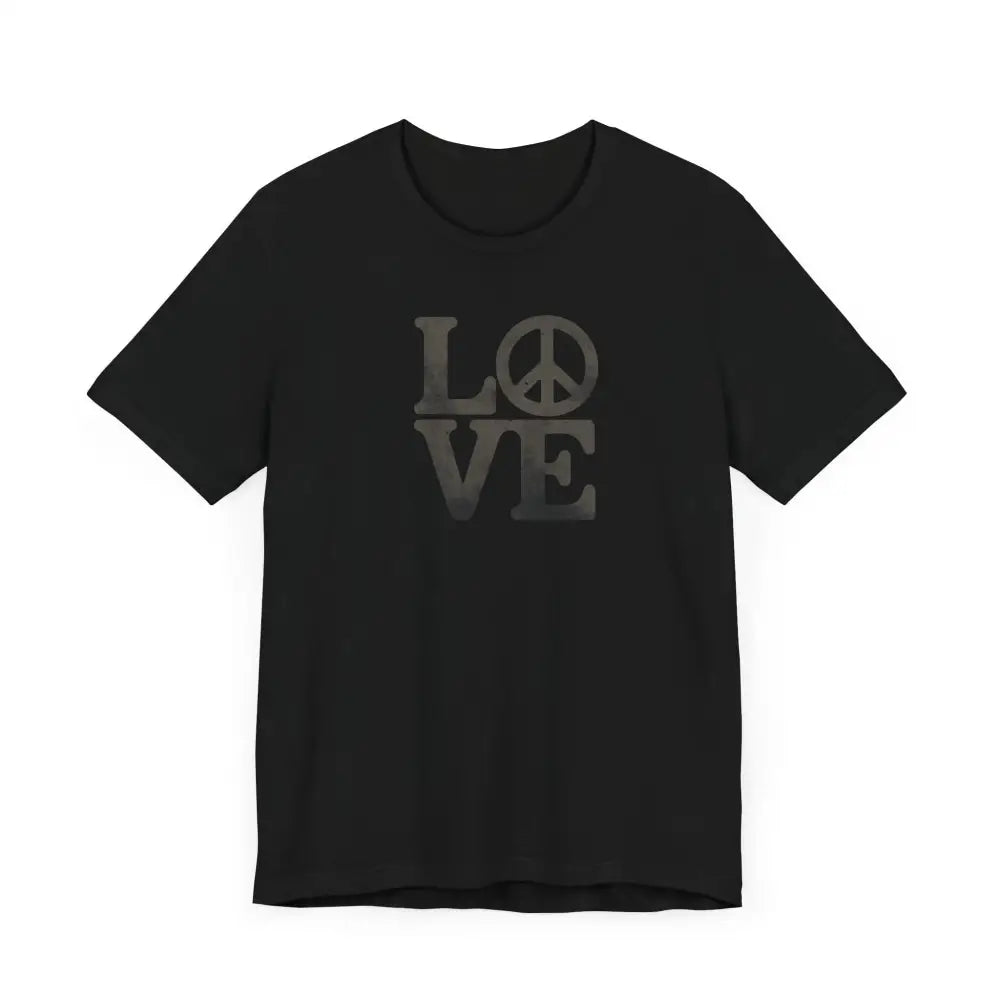 Black short-sleeved unisex tee with peace sign in LOVE graphic