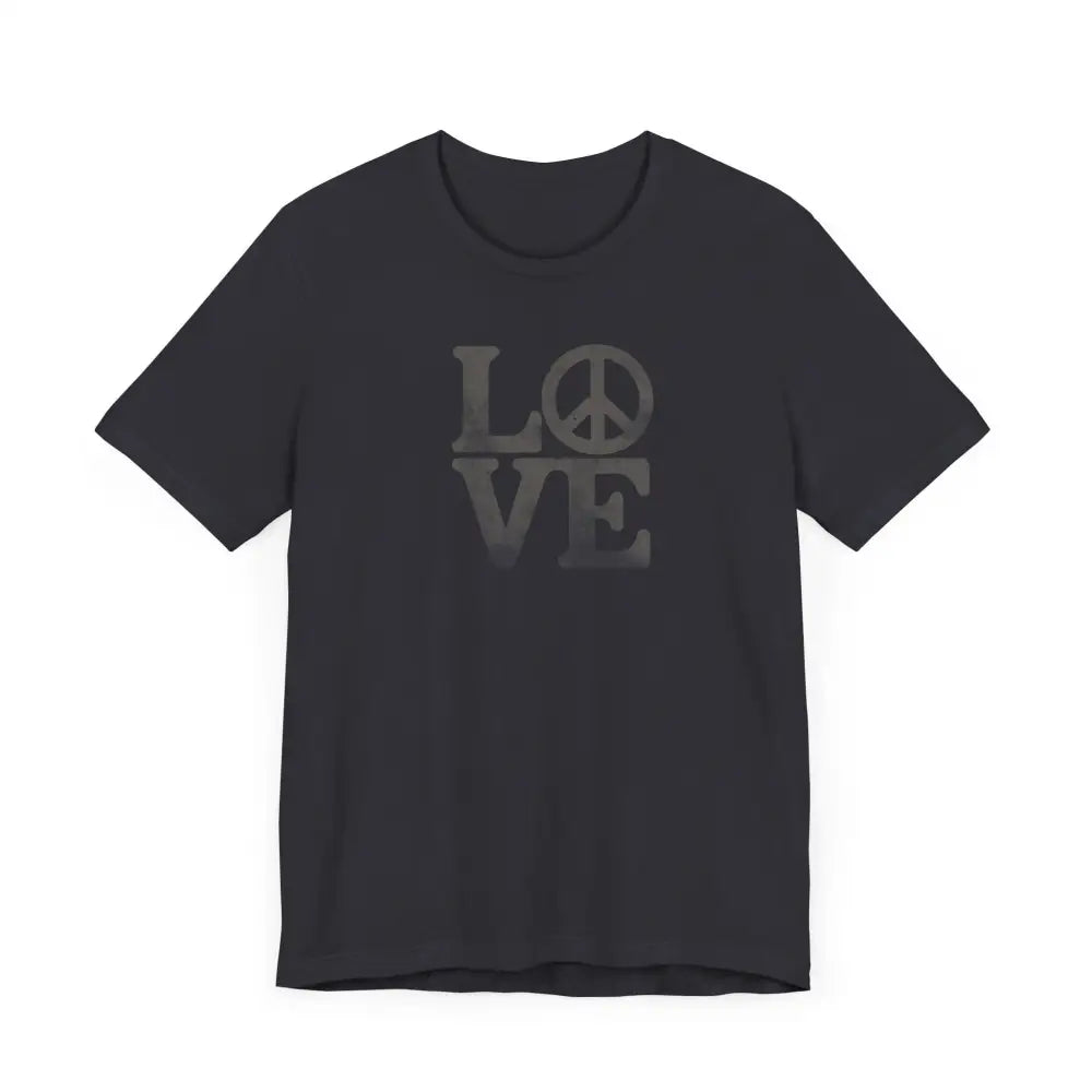 Dark gray unisex t-shirt with love peace symbol graphic tee design
