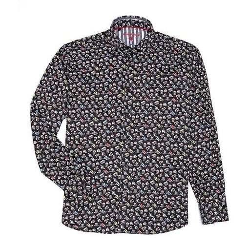 Luchiano Visconti XL / Black Luchiano Visconti Multi-Color Skulls Stretch Long-Sleeve Woven Shirt XL * men972