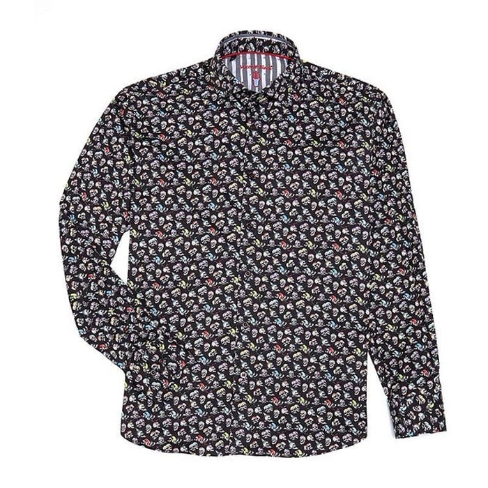 Luchiano Visconti XL / Black Luchiano Visconti Multi-Color Skulls Stretch Long-Sleeve Woven Shirt XL * men972