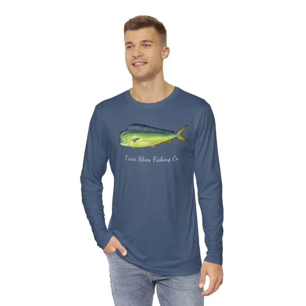 Trini Skies Mahi Mahi performance fishing shirt with blue long-sleeve design