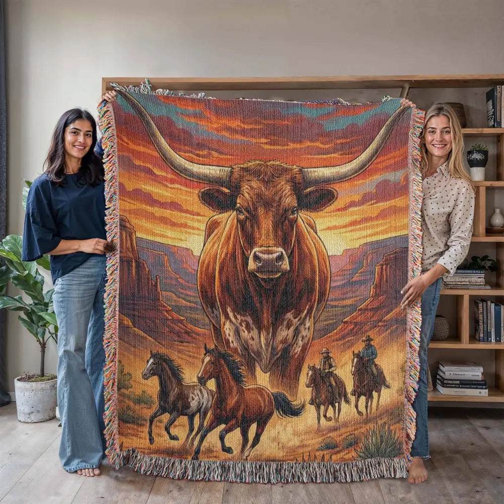 Vibrant longhorn western woven blanket with cowboy canyon art bull at sunset
