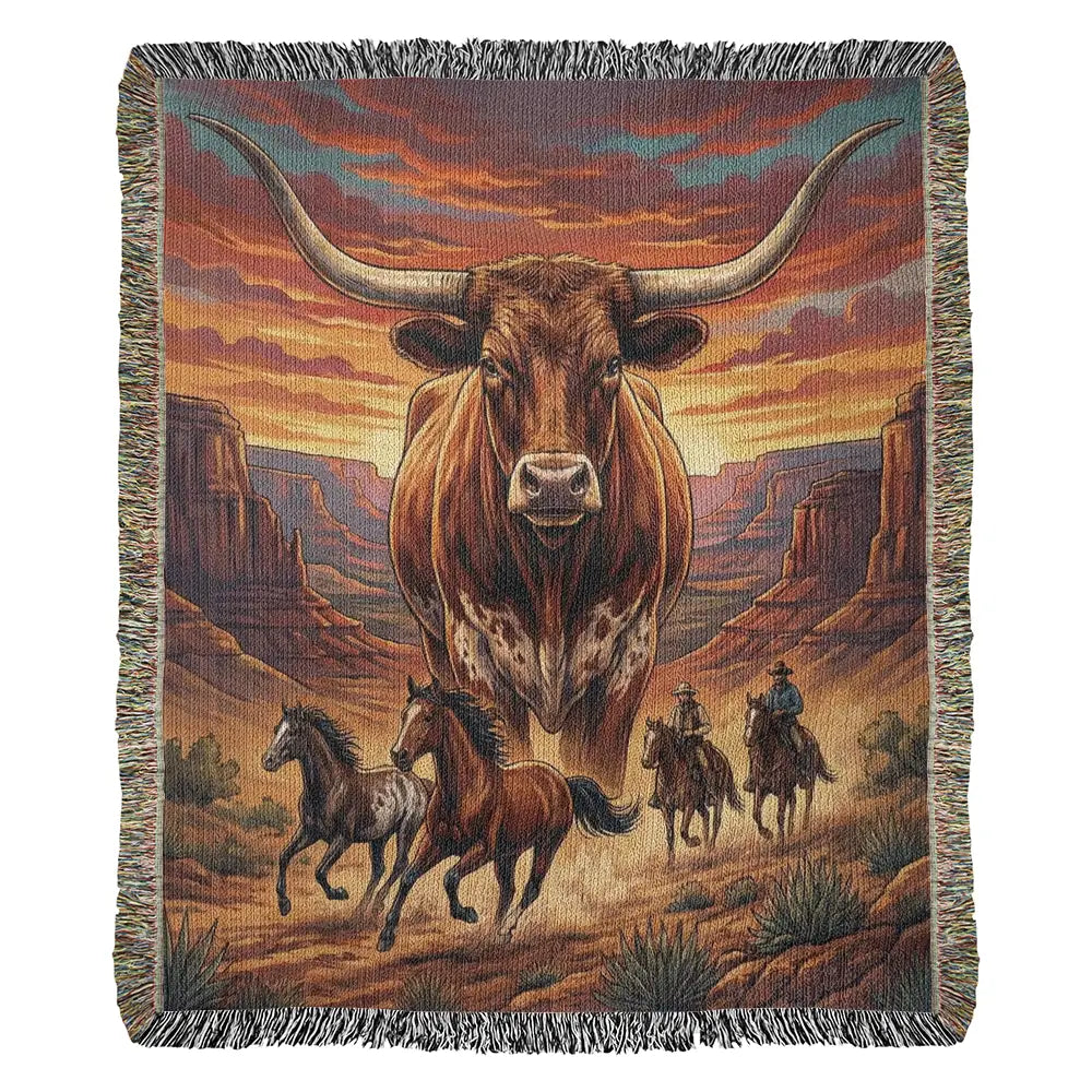 Majestic longhorn western woven blanket with cowboy canyon art in rustic southwest style