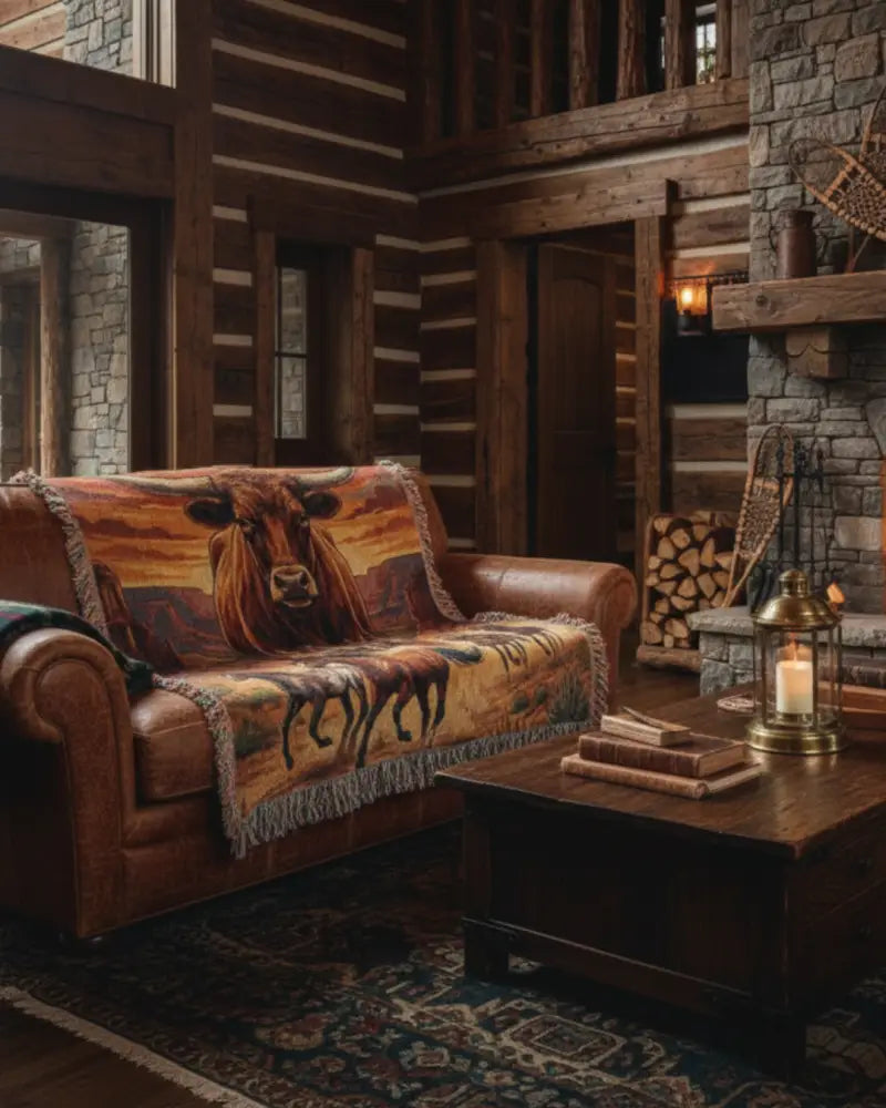 Brown leather sofa with longhorn western woven blanket and cowboy canyon art