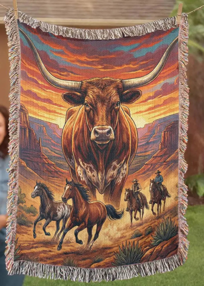 Majestic longhorn western woven blanket with cowboy canyon art bull sunset