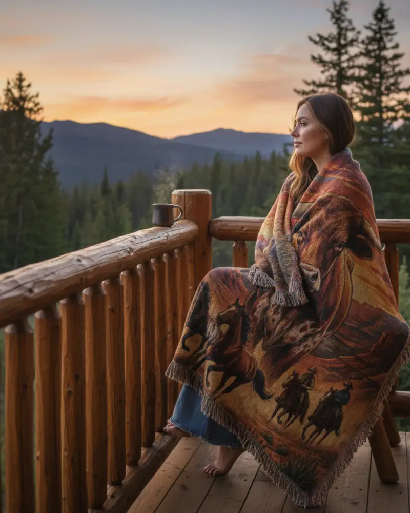 Majestic longhorn western woven blanket with cowboy canyon art horses