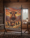 Majestic longhorn western woven blanket with cowboy canyon art