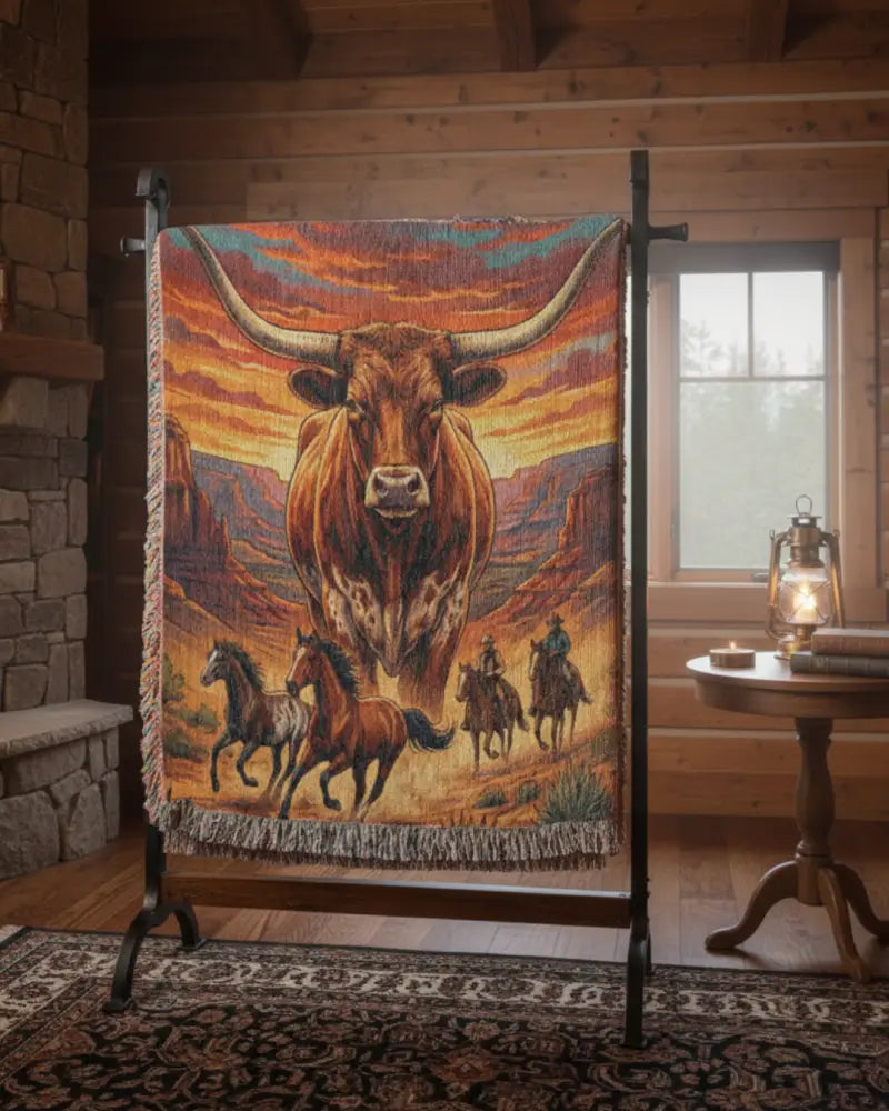 Majestic longhorn western woven blanket with cowboy canyon art