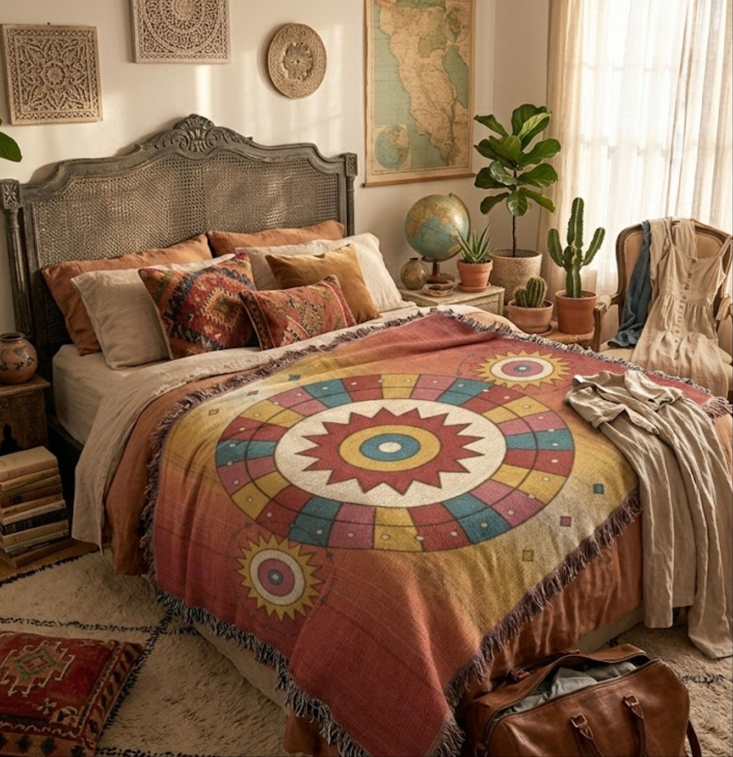 Festival Sundance Sunburst woven cotton throw blanket draped across a boho-styled bed, showing the oxblood-to-dawn ombré field, radiant sunburst medallion in teal, gold, and cream, and multicolor fringe — Trini Skies