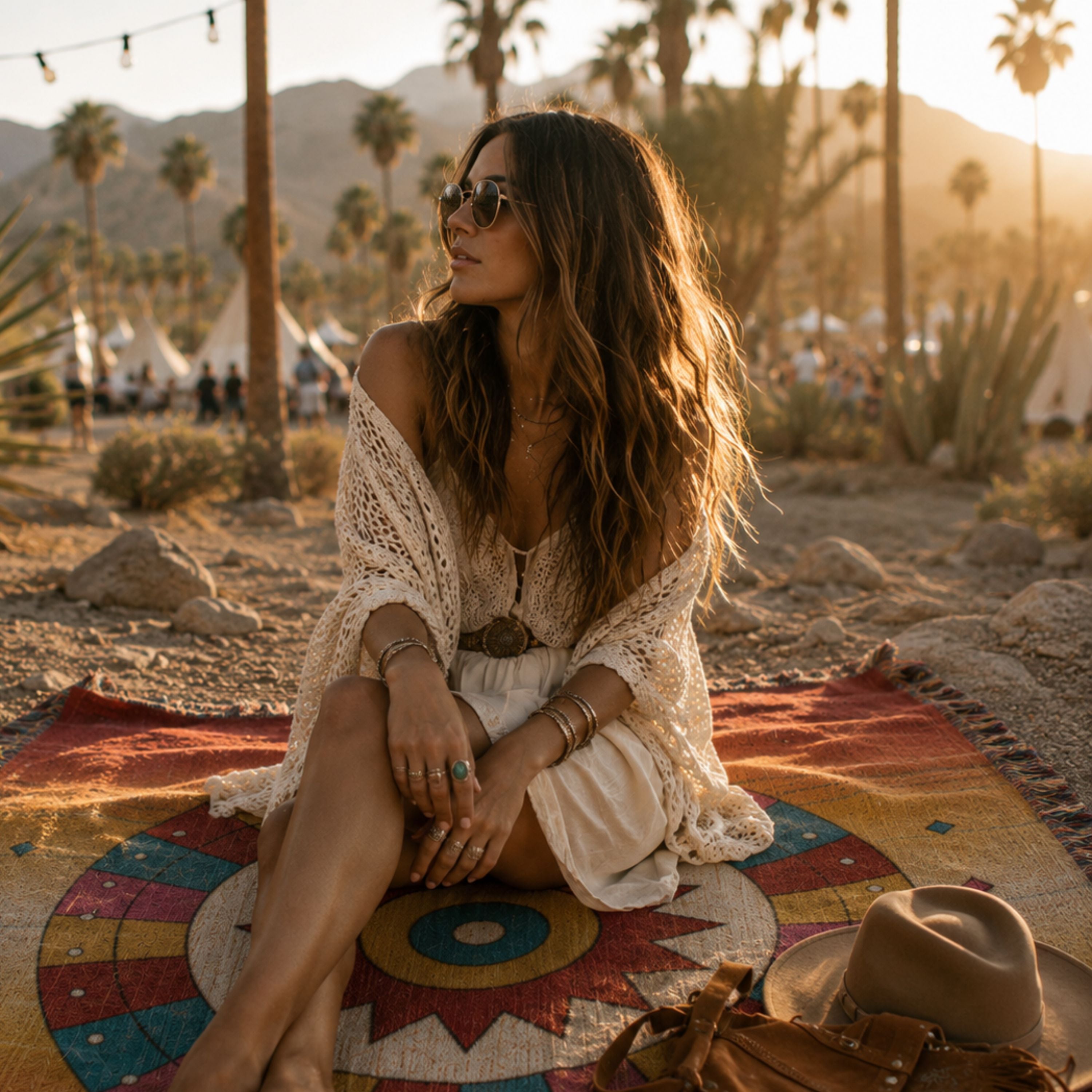 Festival Sundance Sunburst woven cotton throw blanket laid out at a desert campsite at sunset, showing the oxblood-to-dawn ombré field, radiant sunburst medallion, and multicolor fringe — Trini Skies