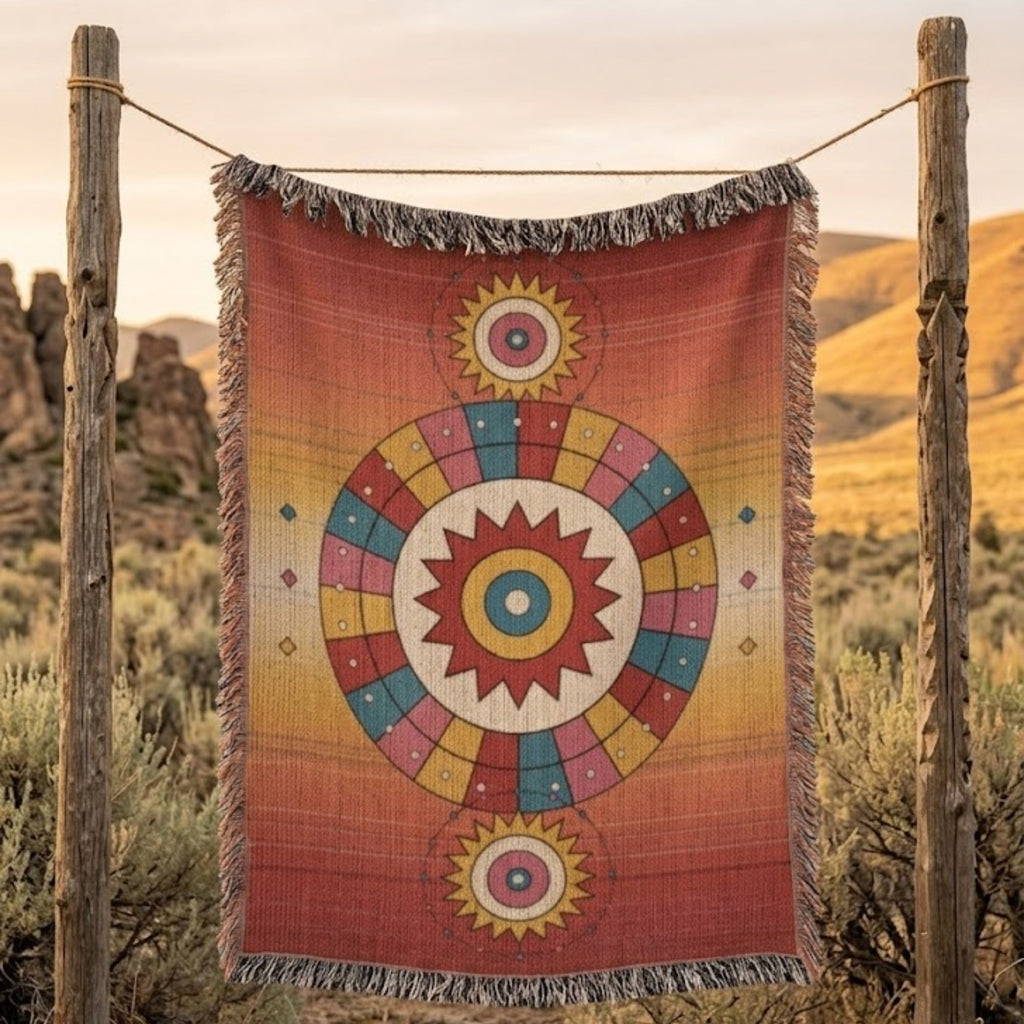 Festival Sundance Sunburst woven cotton throw blanket hanging outdoors against a desert landscape at golden hour, showing the oxblood-to-dawn ombré field with the radiant sunburst medallion and multicolor fringe — Trini Skies