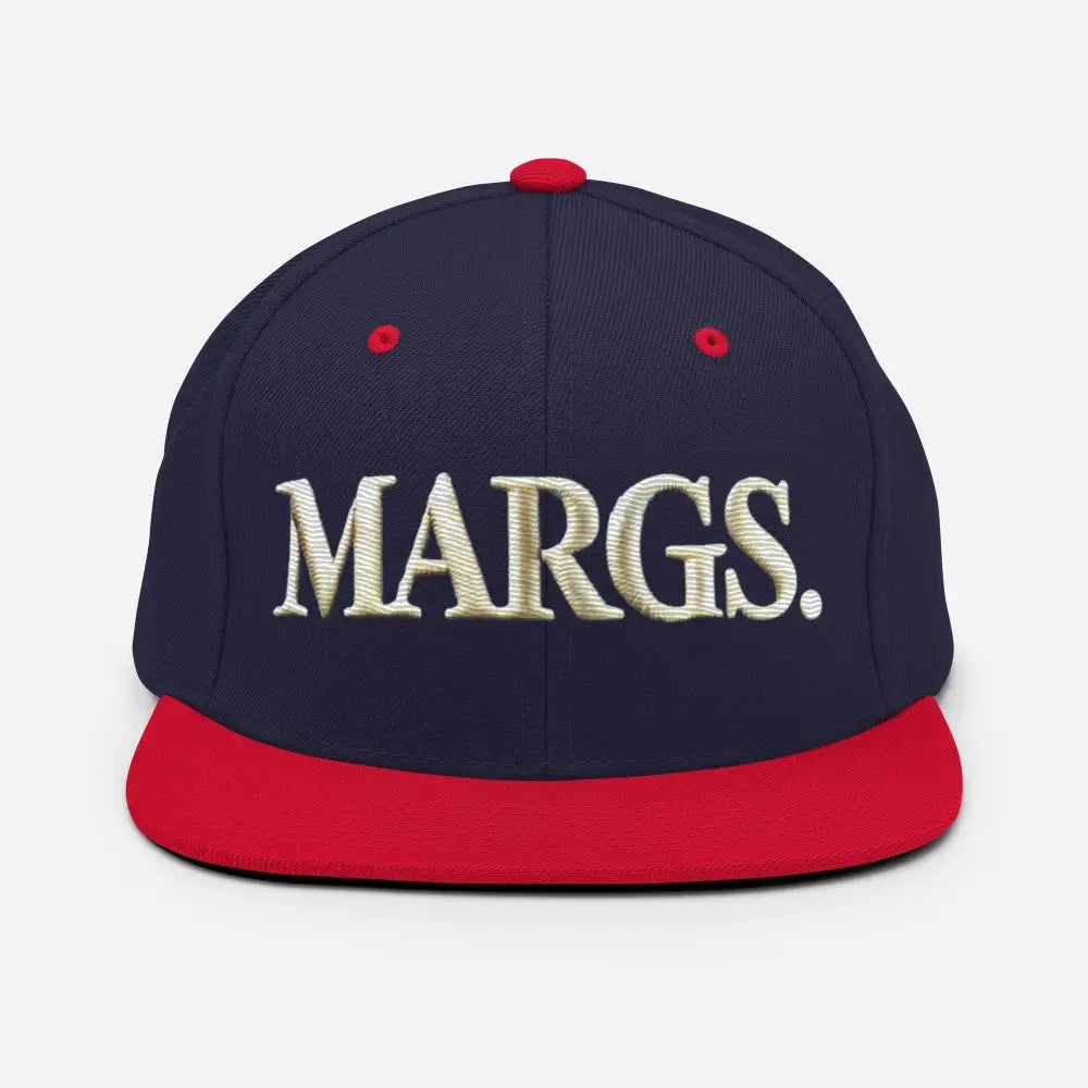 Navy blue and red embroidered margarita snapback hat with gold Margs