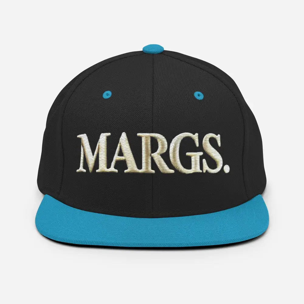 Black flat-brim baseball cap with blue brim and embroidered Margs text