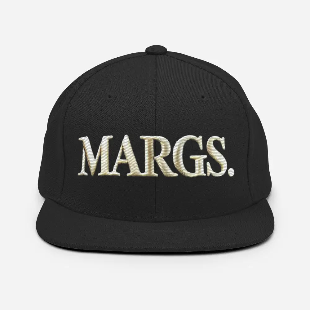 Black flat-brim baseball cap with cream Trini Skies embroidered text