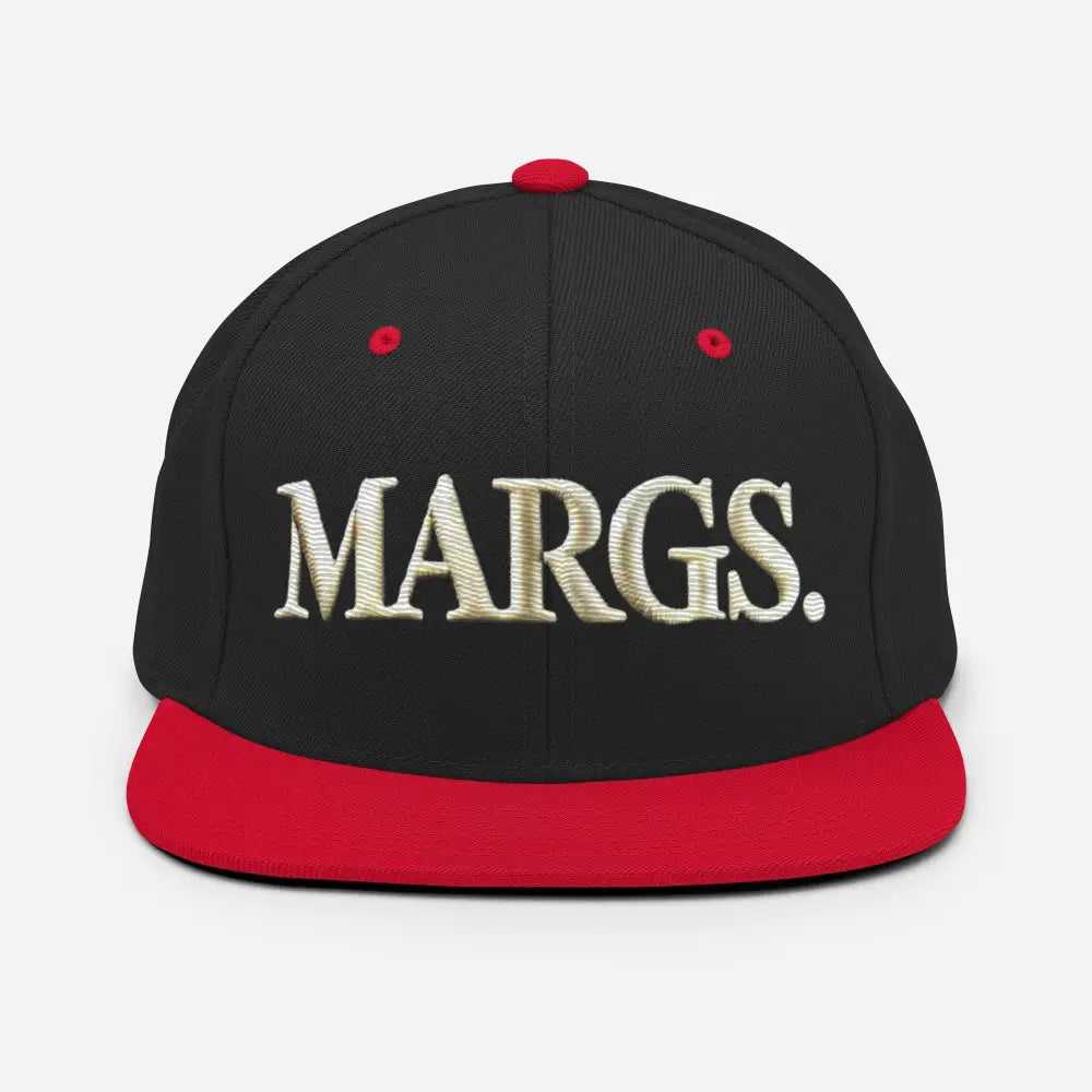 Black and red embroidered Margarita snapback hat by Trini Skies