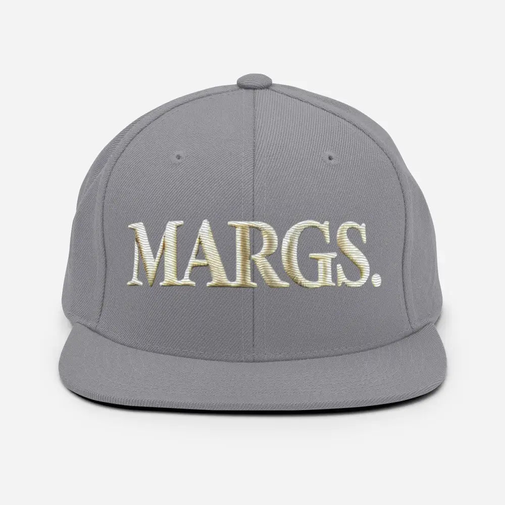 Gray flat-brim baseball cap with embroidered Margs lettering