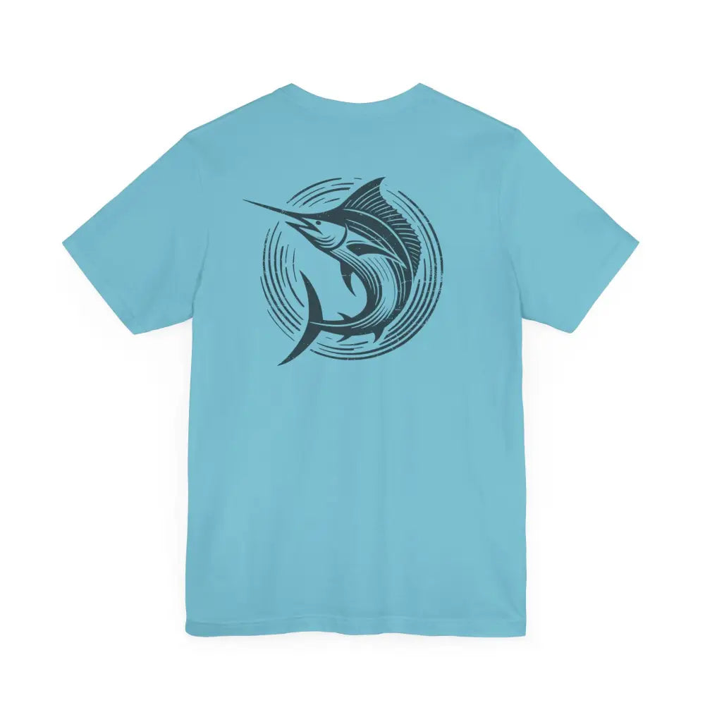 Light blue classic unisex jersey marlin fishing shirt with dark blue graphic